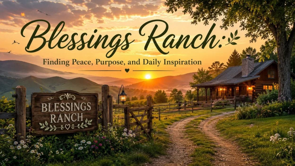 Peaceful Blessings Ranch at sunrise with a cozy cabin, wooden sign, and inspiring countryside landscape