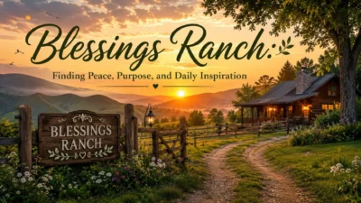 Peaceful Blessings Ranch at sunrise with a cozy cabin, wooden sign, and inspiring countryside landscape