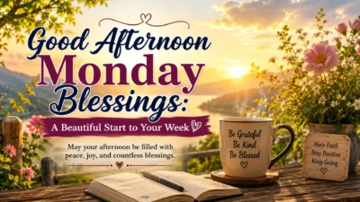 Good Afternoon Monday Blessings image with sunrise lake view, flowers, coffee mug, and inspirational message
