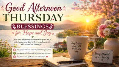 Good afternoon Thursday blessings image with sunset, flowers, coffee mug, and inspiring message for hope and joy