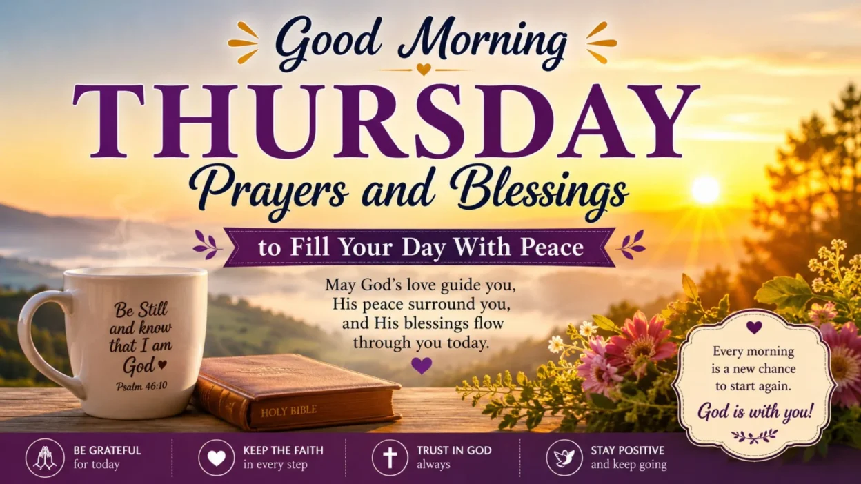 Good morning Thursday prayers and blessings image with sunrise, Bible, coffee mug, flowers, and peaceful faith message