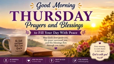 Good morning Thursday prayers and blessings image with sunrise, Bible, coffee mug, flowers, and peaceful faith message