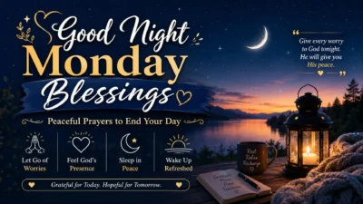 Good Night Monday Blessings image with moonlit lake, candle lantern, peaceful prayer quote, and calming nighttime scenery