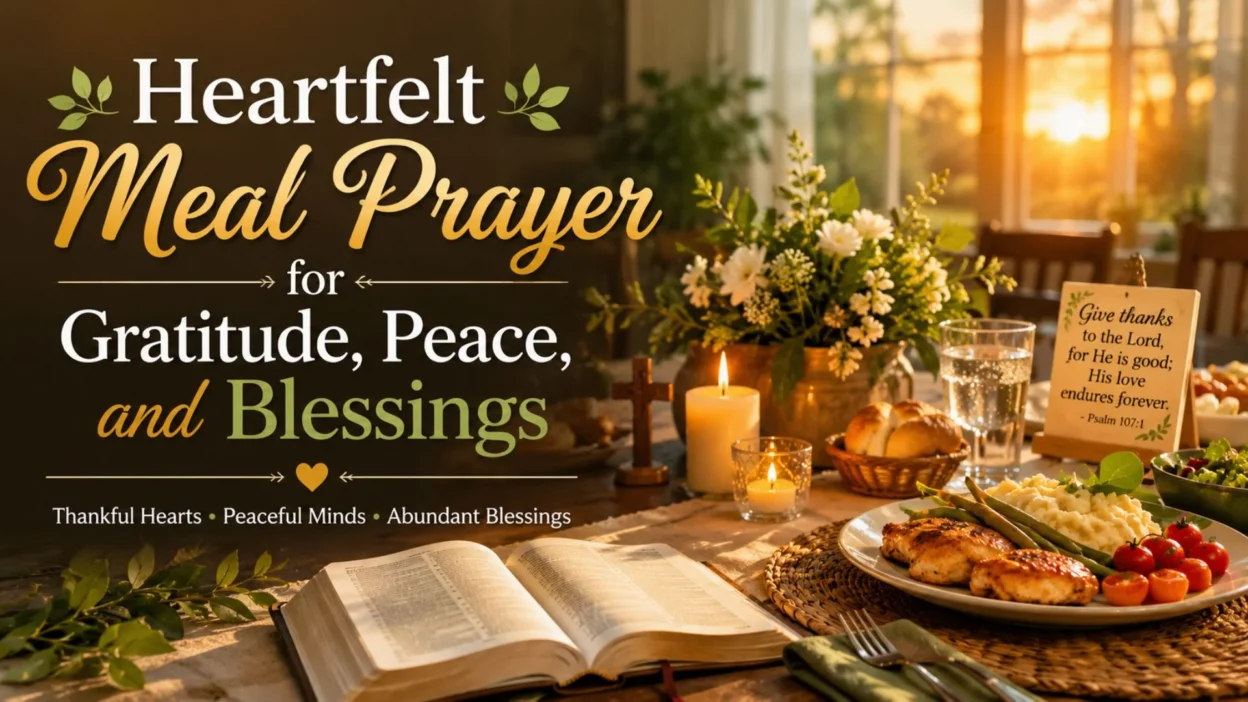 Heartfelt meal prayer table setting with Bible, candlelight, food, and gratitude message at sunset
