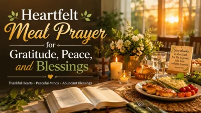 Heartfelt meal prayer table setting with Bible, candlelight, food, and gratitude message at sunset