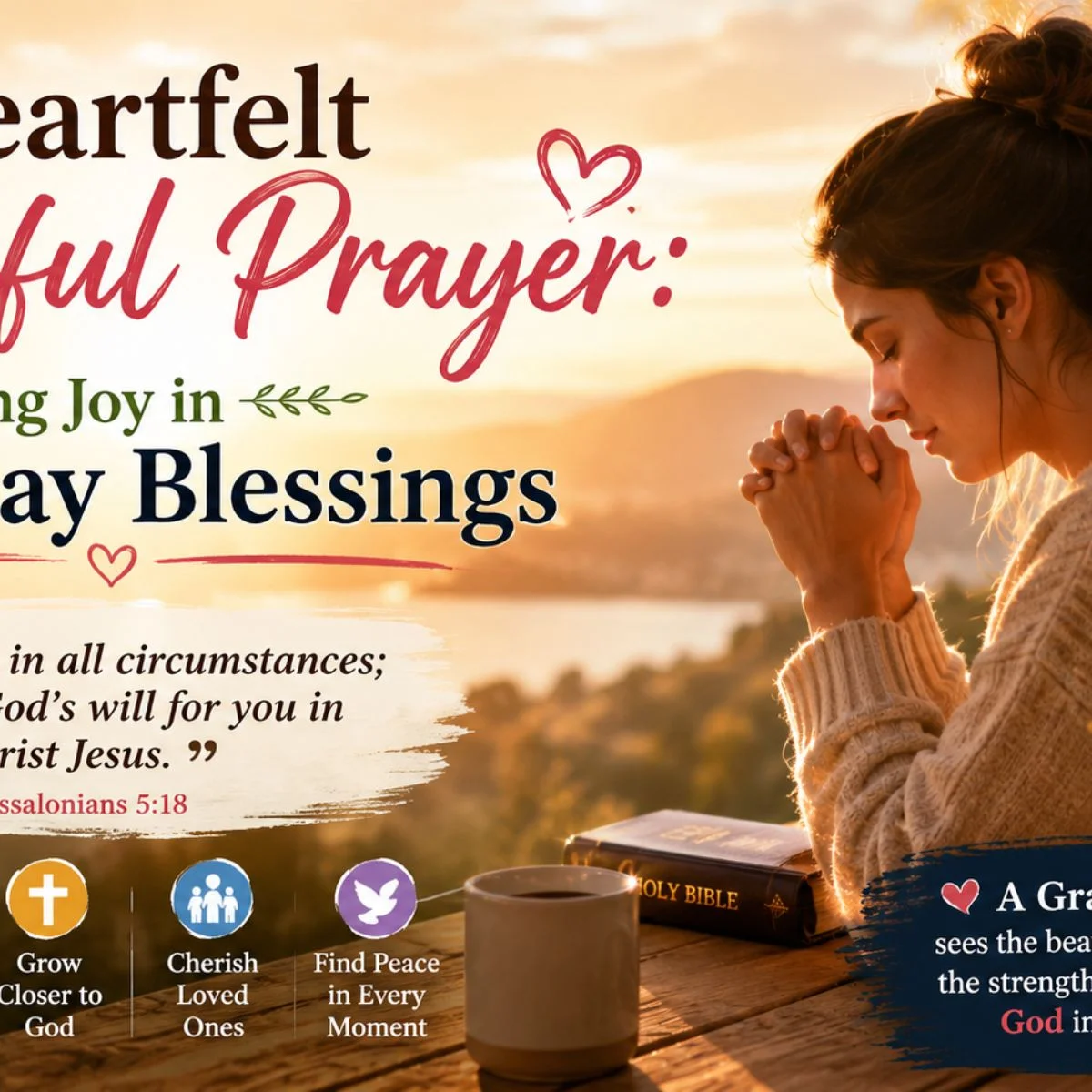 Woman praying at sunrise with Bible and thankful prayer message about finding joy in everyday blessings