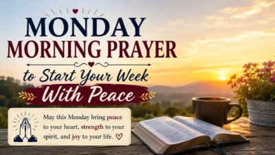 Monday morning prayer image with sunrise, Bible, coffee cup, and peaceful message to start the week with faith and hope