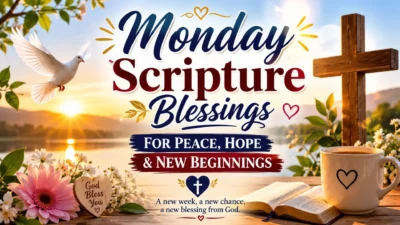 Monday Scripture Blessings sunrise image with Bible, cross, flowers, and peaceful new beginnings