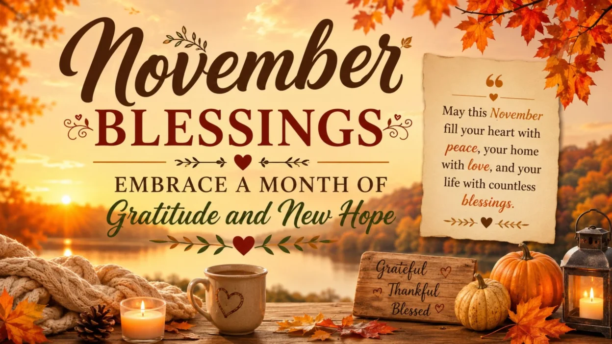 November blessings autumn landscape with gratitude quote, pumpkins, candles, colorful leaves, and peaceful lake at sunset