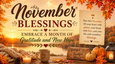 November blessings autumn landscape with gratitude quote, pumpkins, candles, colorful leaves, and peaceful lake at sunset