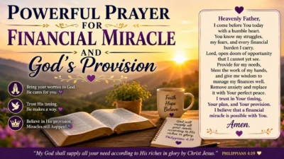Powerful prayer for financial miracle and God's provision image with sunrise, Bible, coffee mug, and faith message