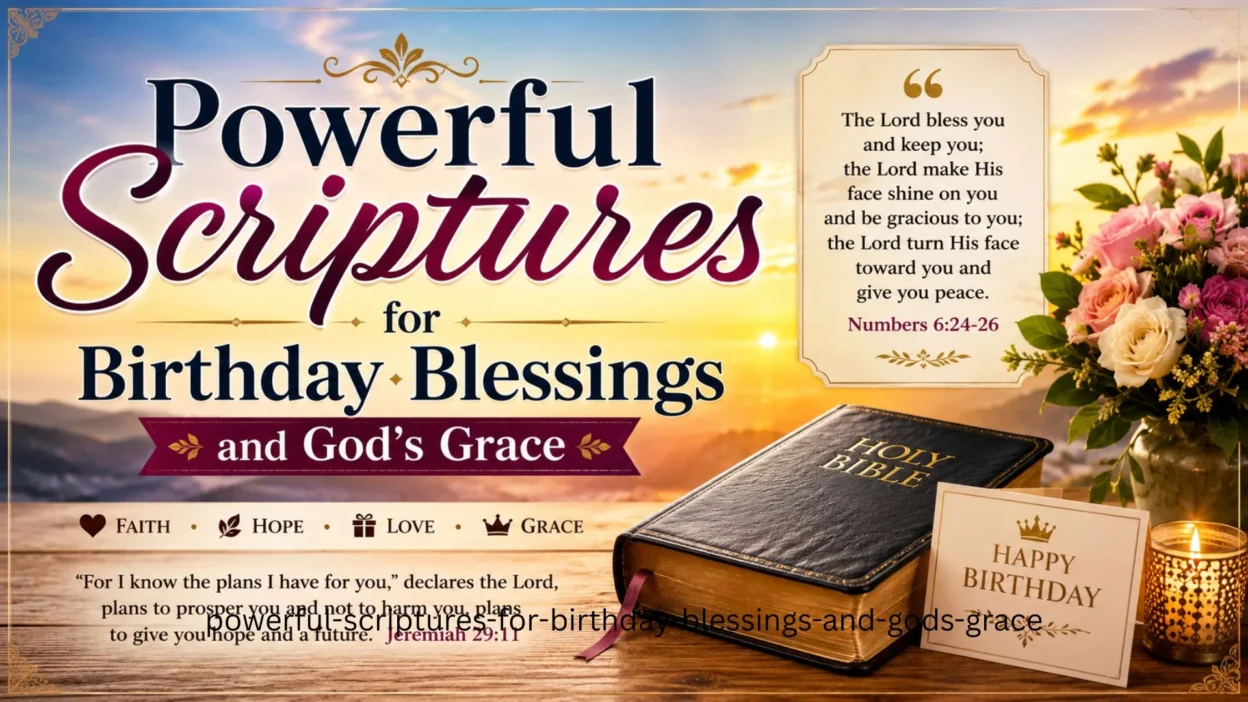 Alt Text: Powerful scriptures for birthday blessings and God's grace with Bible, flowers, and inspirational birthday message