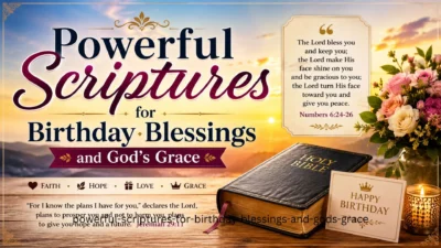 Alt Text: Powerful scriptures for birthday blessings and God's grace with Bible, flowers, and inspirational birthday message