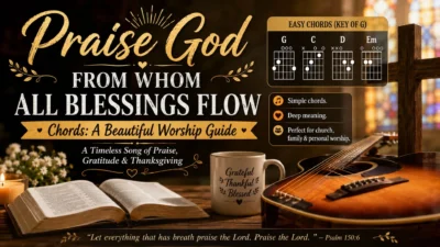 Worship-themed image with guitar, Bible, and praise God from whom all blessings flow chords guide.