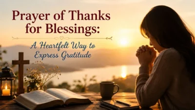 Woman offering a prayer of thanks for blessings at sunrise beside a Bible, candle, and cross