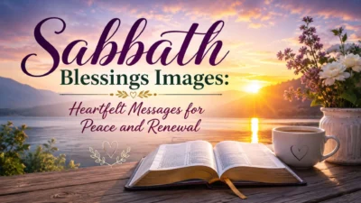 Sabbath blessings image with Bible, flowers, coffee cup, and sunrise over a peaceful lake symbolizing faith and renewal