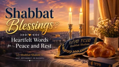 Peaceful Shabbat blessings scene with glowing candles, a warm table setting, and a calming spiritual atmosphere