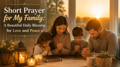 Family gathered in a peaceful home during prayer, symbolizing love, protection, and a daily blessing for family peace