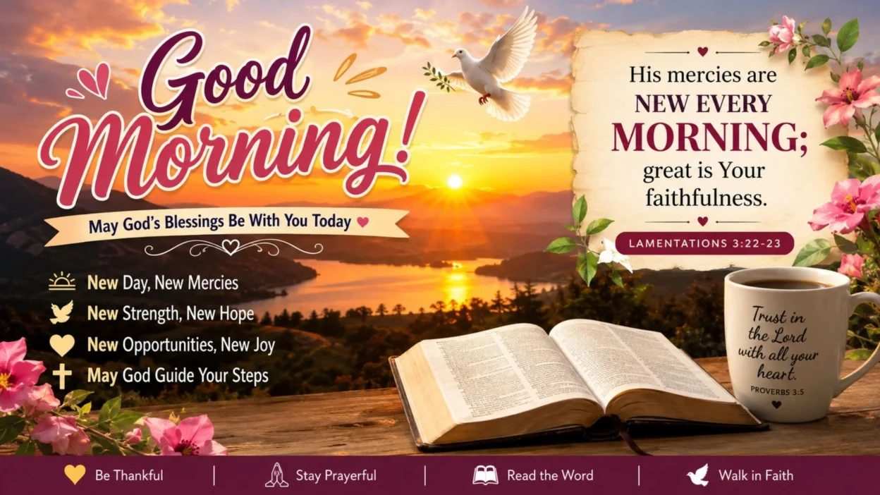 Spiritual Bible verse good morning blessings GIF with sunrise, open Bible, dove, coffee mug, and uplifting morning prayer