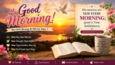 Spiritual Bible verse good morning blessings GIF with sunrise, open Bible, dove, coffee mug, and uplifting morning prayer