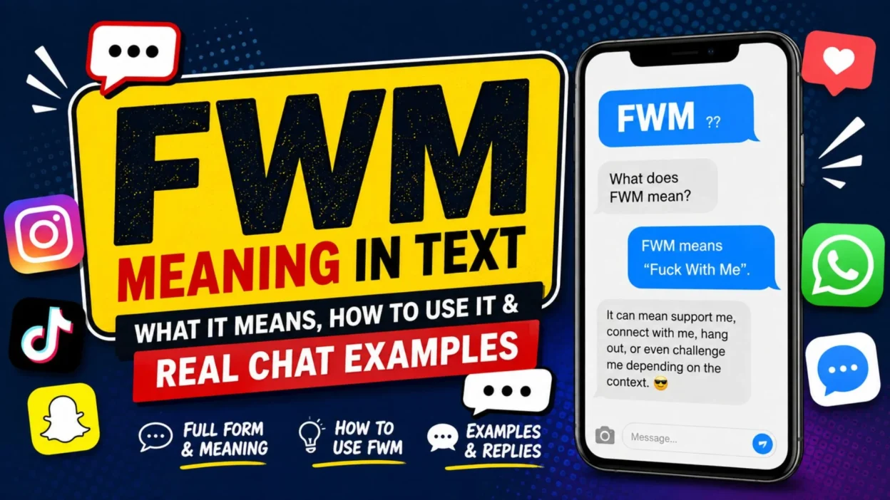 FWM meaning in text explained with chat examples, social media icons, and texting slang
